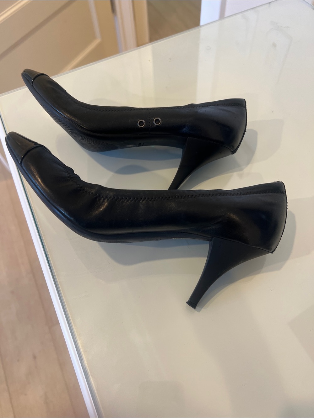 Vintage Prada Black Leather Pumps with Patent Cap Toe - Picture 6 of 8